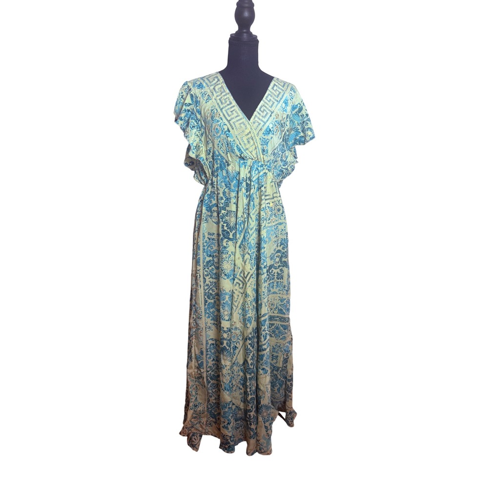 India Boutique Maxi Dress Womens One Size Blue Yellow Gold Boho Flutter Sleeve